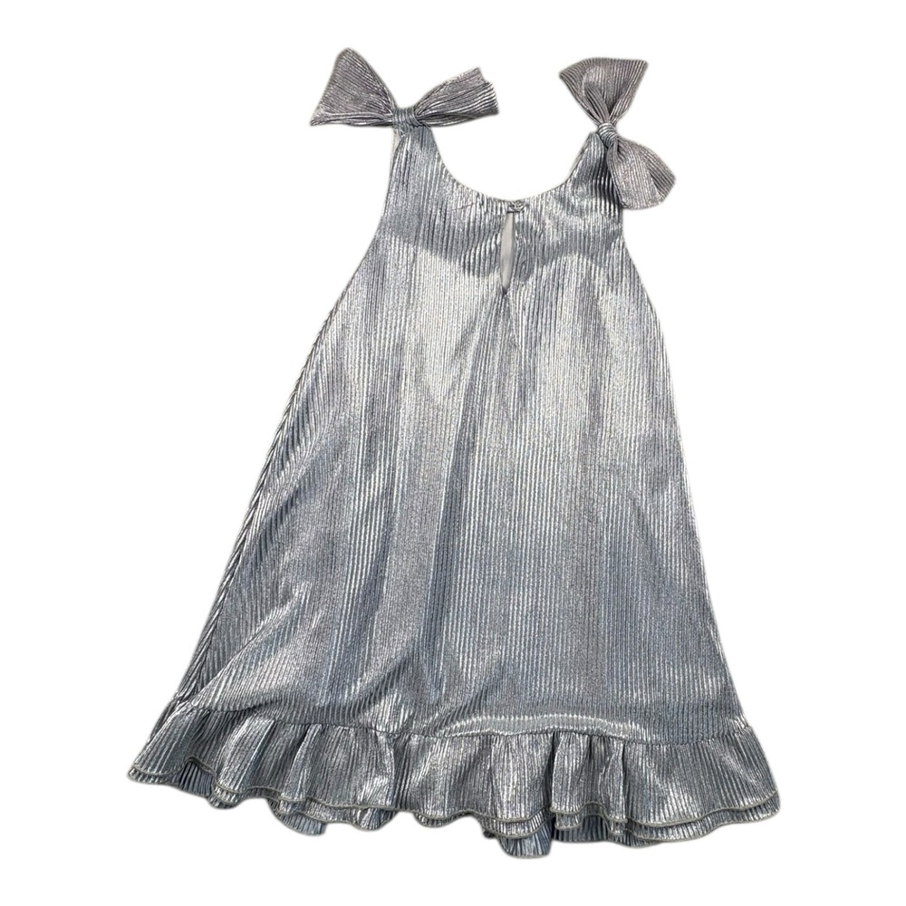 Khintas Silver‎ Metallic Pleated Dress Girls Size 10 Bow Strap Ruffle Hem